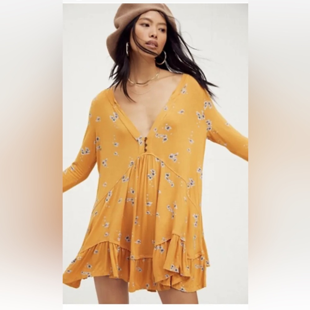 NWT FREE PEOPLE Olivia Flowy Printed Tunic Marigold/Blue Floral Boho